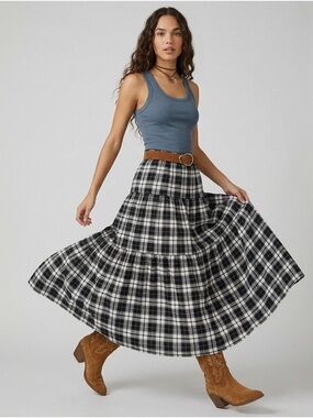Joie A-Line Tiered Maxi Skirt in Black and White Plaid XS